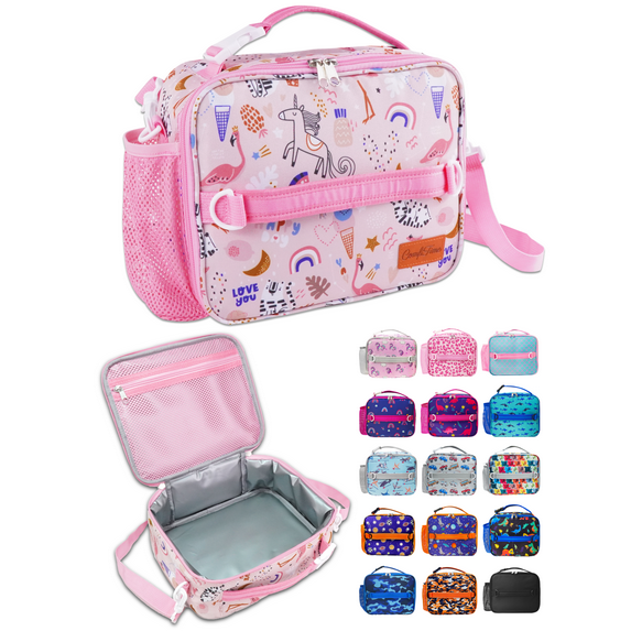ComfiTime Lunch Bag for Kids – Insulated Lunch Box for Girls and Boys, Cute Reusable Cooler Bag with Zipper Pockets, Bottle Holder, Padded Handles and Shoulder Strap (Dream Land)