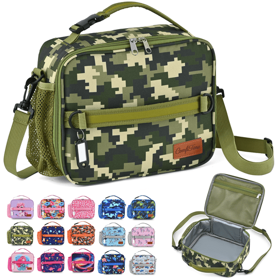 ComfiTime Lunch Bag for Kids – Insulated Lunch Box for Girls and Boys, Cute Reusable Cooler Bag with Zipper Pockets, Bottle Holder, Padded Handles and Shoulder Strap (Green Camouflage)