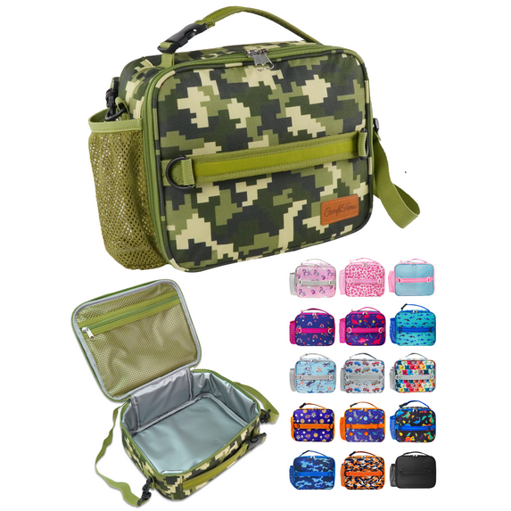 ComfiTime Lunch Bag for Kids – Insulated Lunch Box for Girls and Boys, Cute Reusable Cooler Bag with Zipper Pockets, Bottle Holder, Padded Handles and Shoulder Strap (Green Camouflage)