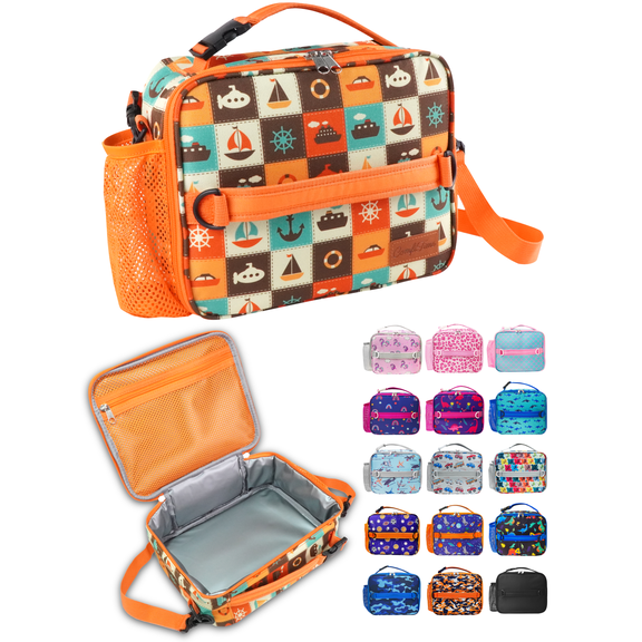ComfiTime Lunch Bag for Kids – Insulated Lunch Box for Girls and Boys, Cute Reusable Cooler Bag with Zipper Pockets, Bottle Holder, Padded Handles and Shoulder Strap (Nautical Icons)