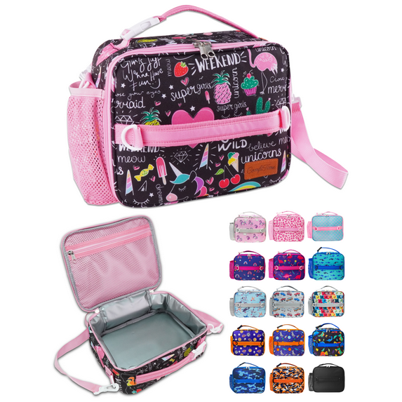 ComfiTime Lunch Bag for Kids – Insulated Lunch Box for Girls and Boys, Cute Reusable Cooler Bag with Zipper Pockets, Bottle Holder, Padded Handles and Shoulder Strap (Pink Graffiti)