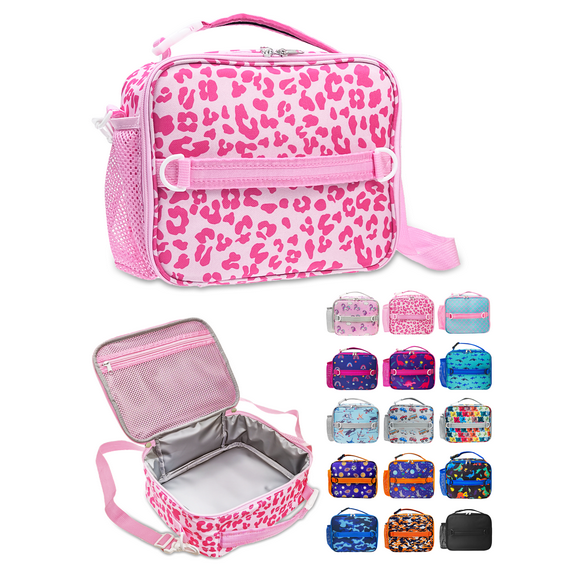 ComfiTime Lunch Bag for Kids – Insulated Lunch Box for Girls and Boys, Cute Reusable Cooler Bag with Zipper Pockets, Bottle Holder, Padded Handles and Shoulder Strap (Pink Leopard)