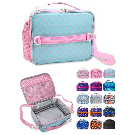 ComfiTime Lunch Bag for Kids – Insulated Lunch Box for Girls and Boys, Cute Reusable Cooler Bag with Zipper Pockets, Bottle Holder, Padded Handles and Shoulder Strap (Pink Mermaid Scales)