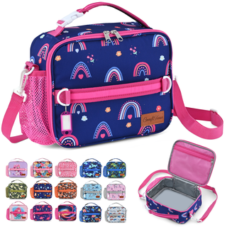 ComfiTime Lunch Bag for Kids – Insulated Lunch Box for Girls and Boys, Cute Reusable Cooler Bag with Zipper Pockets, Bottle Holder, Padded Handles and Shoulder Strap (Pink Rainbow)