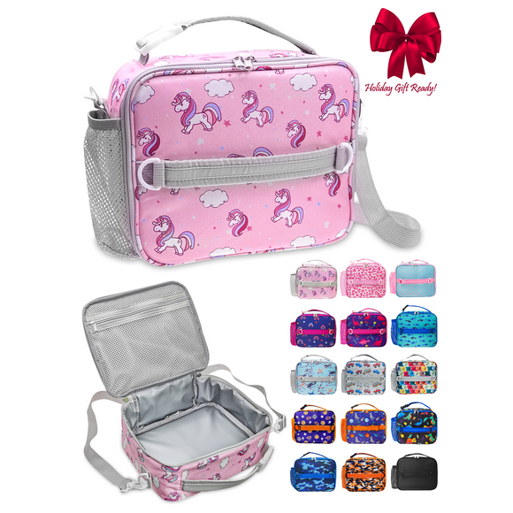 ComfiTime Lunch Bag for Kids – Insulated Lunch Box for Girls and Boys, Cute Reusable Cooler Bag with Zipper Pockets, Bottle Holder, Padded Handles and Shoulder Strap (Pink Unicorn)