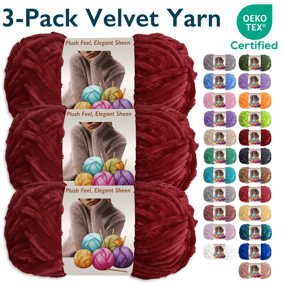 ComfiTime 3-Pack Velvet Yarn – Bulky #5, OEKO-TEX Certified, Soft Fluffy for Sweaters, Blankets, Scarves, Plush Toys & Home Décor, Crochet/Knitting/Amigurumi, 87.5 Yds/Skein, Machine Washable, Red