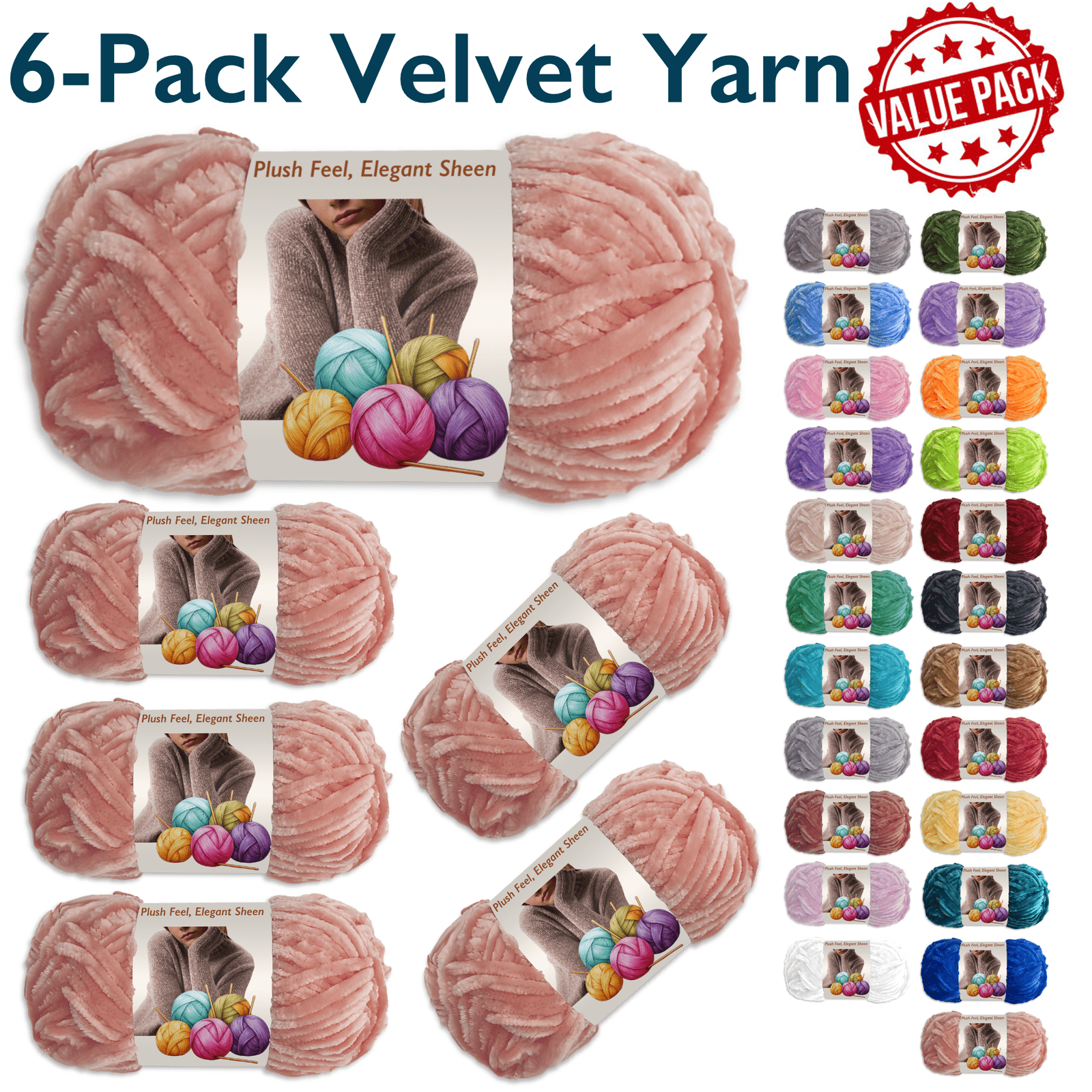 ComfiTime 6-Pack Velvet Yarn – Bulky #5, 3.5 oz / 87.5 Yds per Skein, OEKO-TEX Certified, Soft Fluffy for Sweaters, Blankets, Scarves, Home Décor, Crochet/Knitting/Amigurumi, Machine Washable, Pink