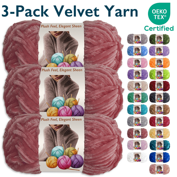 ComfiTime 3-Pack Velvet Yarn – Bulky #5, OEKO-TEX Certified, Soft Fluffy for Sweaters, Blankets, Scarves, Plush Toys & Home Décor, Crochet/Knitting/Amigurumi, 87.5 Yds/Skein, Machine Washable, Pink