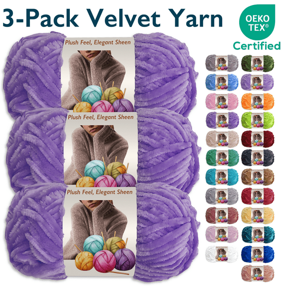 ComfiTime 3-Pack Velvet Yarn – Bulky #5, OEKO-TEX Certified, Soft Fluffy for Sweaters, Blankets, Scarves, Plush Toys & Home Décor, Crochet/Knitting/Amigurumi, 87.5 Yds/Skein, Machine Washable, lilac