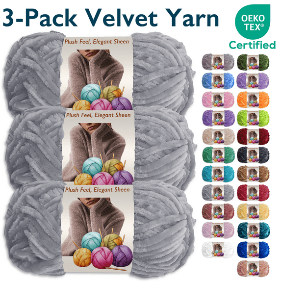 ComfiTime 3-Pack Velvet Yarn – Bulky #5, OEKO-TEX Certified, Soft Fluffy for Sweaters, Blankets, Scarves, Plush Toys & Home Décor, Crochet/Knitting/Amigurumi, 87.5 Yds/Skein, Machine Washable, Gray
