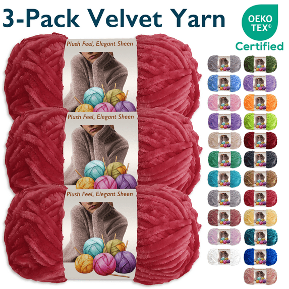 ComfiTime 3-Pack Velvet Yarn – Bulky #5, OEKO-TEX Certified, Soft Fluffy for Sweaters, Blankets, Scarves, Plush Toys & Home Décor, Crochet/Knitting/Amigurumi, 87.5 Yds/Skein, Machine Washable, Red