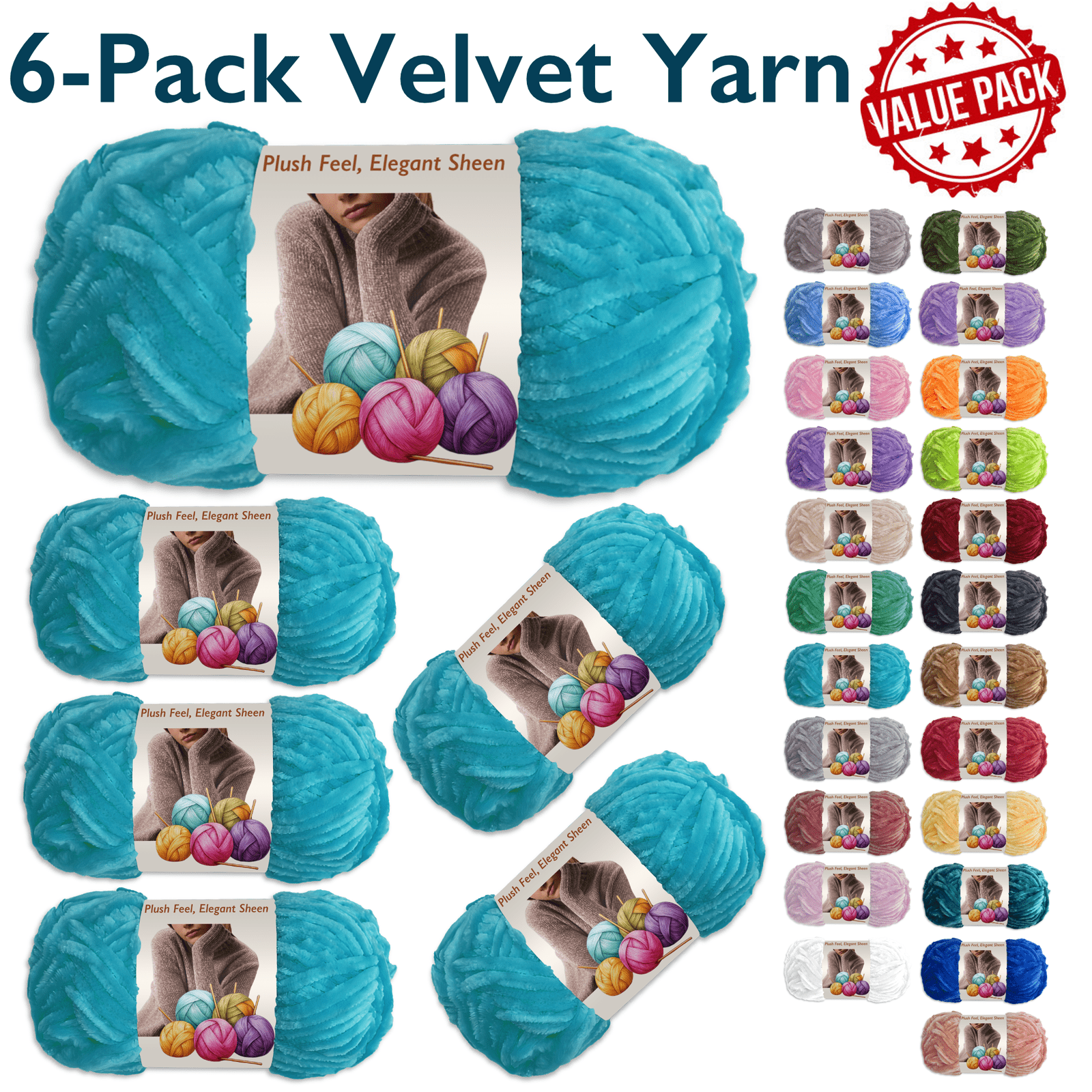 ComfiTime 6-Pack Velvet Yarn – Bulky #5, 3.5 oz / 87.5 Yds per Skein, OEKO-TEX Certified, Soft Fluffy for Sweaters, Blankets, Scarves, Home Décor, Crochet/Knitting/Amigurumi, Machine Washable, Blue