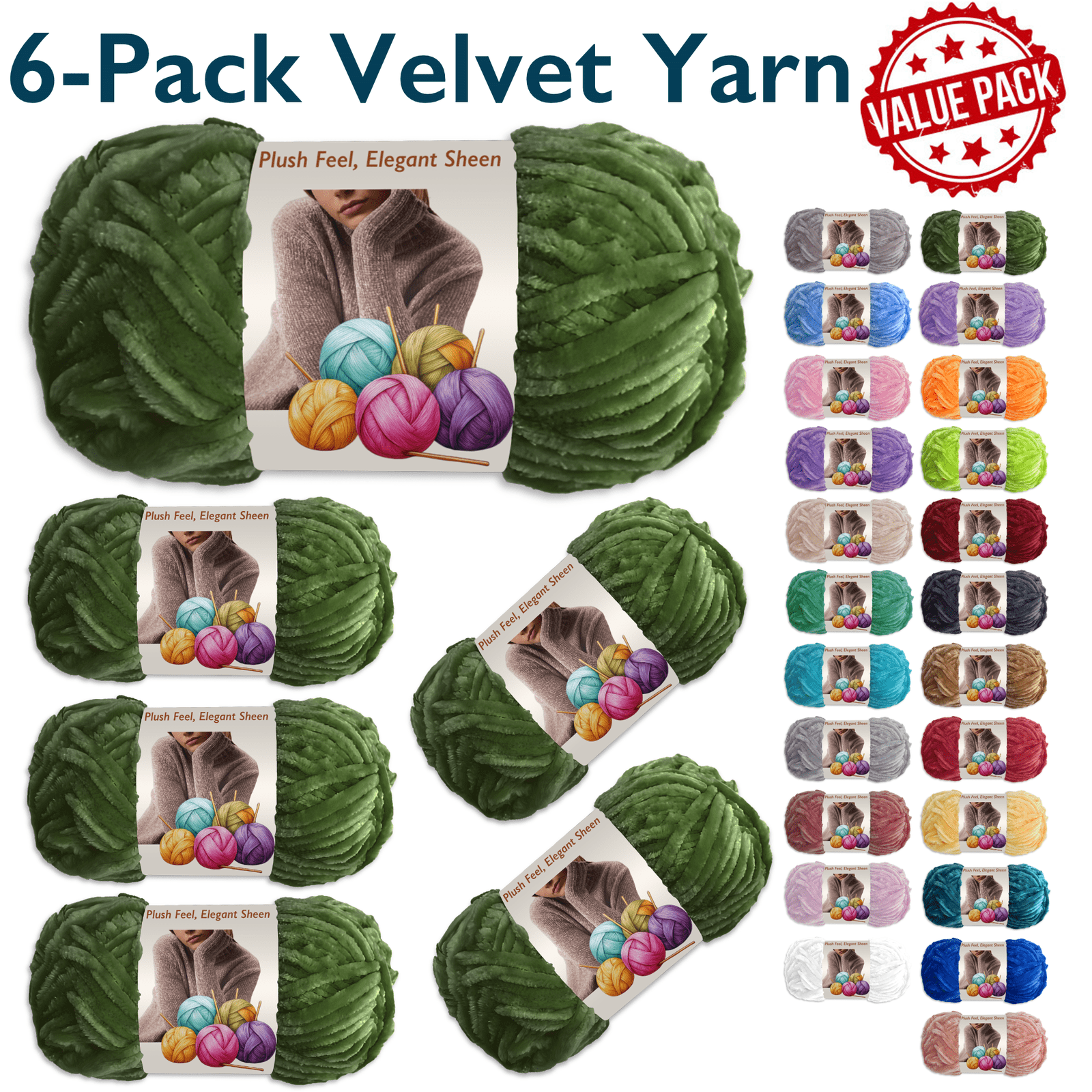 ComfiTime 6-Pack Velvet Yarn – Bulky #5, 3.5 oz / 87.5 Yds per Skein, OEKO-TEX Certified, Soft Fluffy for Sweaters, Blankets, Scarves, Home Décor, Crochet/Knitting/Amigurumi, Machine Washable, Green