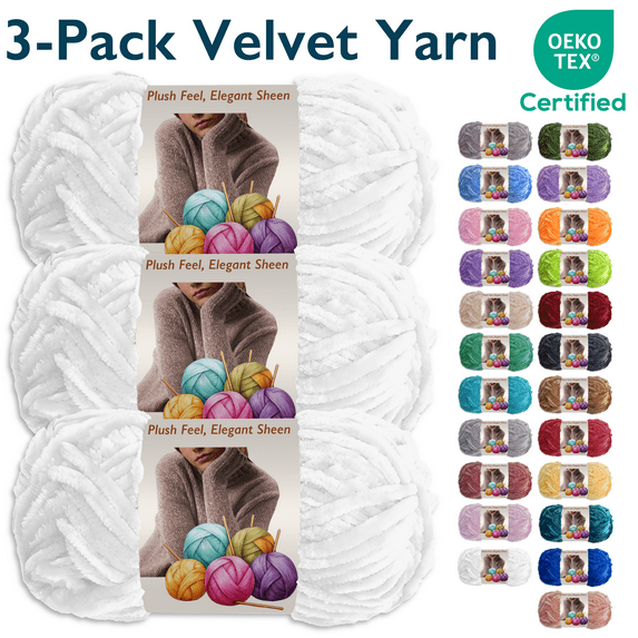 ComfiTime 3-Pack Velvet Yarn – Bulky #5, OEKO-TEX Certified, Soft Fluffy for Sweaters, Blankets, Scarves, Plush Toys & Home Décor, Crochet/Knitting/Amigurumi, 87.5 Yds/Skein, Machine Washable, White