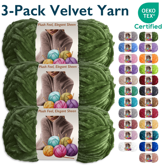 ComfiTime 3-Pack Velvet Yarn – Bulky #5, OEKO-TEX Certified, Soft Fluffy for Sweaters, Blankets, Scarves, Plush Toys & Home Décor, Crochet/Knitting/Amigurumi, 87.5 Yds/Skein, Machine Washable, Green