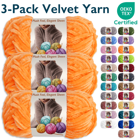 ComfiTime 3-Pack Velvet Yarn – Bulky #5, OEKO-TEX Certified, Soft Fluffy for Sweaters, Blankets, Scarves, Plush Toys & Home Décor, Crochet/Knitting/Amigurumi, 87.5 Yds/Skein, Machine Washable, Gold