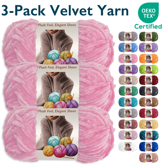 ComfiTime 3-Pack Velvet Yarn – Bulky #5, 3.5 oz / 87.5 Yds per Skein, OEKO-TEX Certified, Soft Fluffy for Sweaters, Blankets, Scarves, Home Décor, Crochet/Knitting/Amigurumi, Machine Washable, Pink