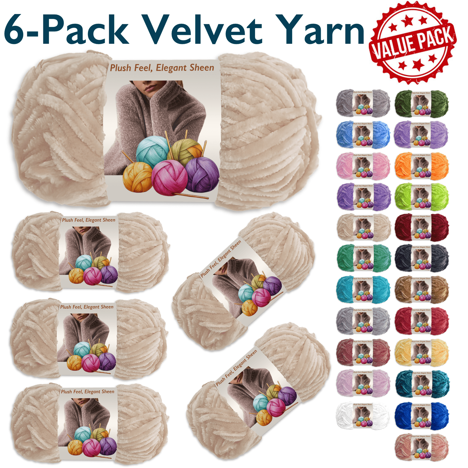 ComfiTime 6-Pack Velvet Yarn – Bulky #5, 3.5 oz / 87.5 Yds per Skein, OEKO-TEX Certified, Soft Fluffy for Sweaters, Blankets, Scarves, Home Décor, Crochet/Knitting/Amigurumi, Machine Washable, Beige
