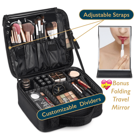 ComfiTime Makeup Bag - Waterproof Makeup Train Case with W/ Strap, Portable Cosmetic Travel Bag and Organizer W/ Dividers for Women & Men, Makeup Storage Bag with Portable Mirror, Black