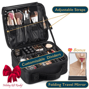 ComfiTime Makeup Bag - Waterproof Makeup Train Case with W/ Strap, Portable Cosmetic Travel Bag and Organizer W/ Dividers for Women & Men, Makeup Storage Bag with Portable Mirror, Black