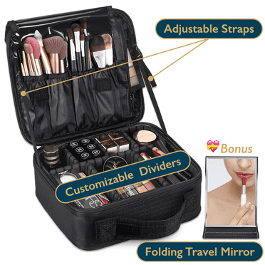 ComfiTime Makeup Bag - Waterproof Makeup Train Case with W/ Strap, Portable Cosmetic Travel Bag and Organizer W/ Dividers for Women & Men, Makeup Storage Bag with Portable Mirror, Black
