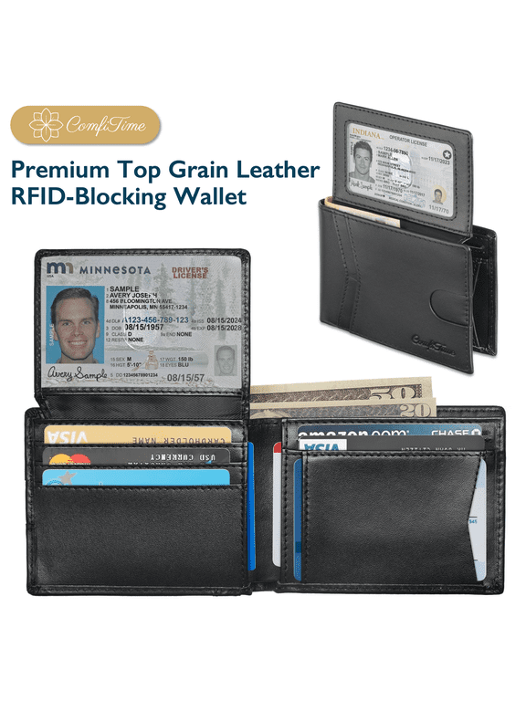 Men's Wallet Billfolds, Top Grain Leather RFID Bifold Wallet for Men & Women, 2 ID Windows, 11 Card Slots, 2 Cash Pockets, Gift Box, Black