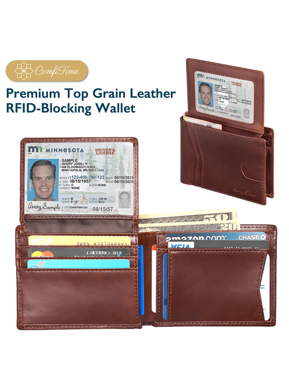 Men's Wallet Billfolds, Top Grain Leather RFID Bifold Wallet for Men & Women, 2 ID Windows, 11 Card Slots, 2 Cash Pockets, Gift Box, Brown
