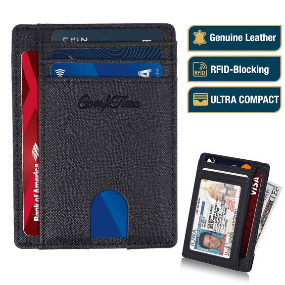 ComfiTime Minimalist Wallet for Men & Women - RFID Slim Men's Wallet , Genuine Leather Front Pocket Card Holder Wallet, Small Thin Travel Wallet w/ ID Window, Credit Card Slots, Money Pocket, Black