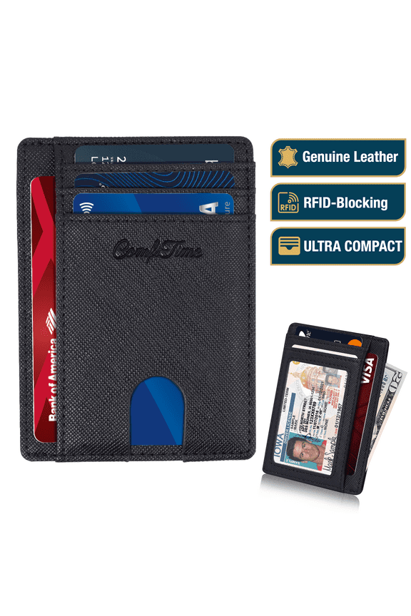 Minimalist Wallet for Men & Women - RFID Slim Men's Wallet , Genuine Leather Front Pocket Card Holder Wallet, Small Thin Travel Wallet w/ ID Window, Credit Card Slots, Money Pocket, Black