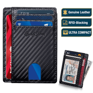 ComfiTime Minimalist Wallet for Men & Women - RFID Slim Men's Wallet , Genuine Leather Front Pocket Card Holder Wallet, Small Thin Travel Wallet w/ ID Window, Credit Card Slots, Money Pocket, Black