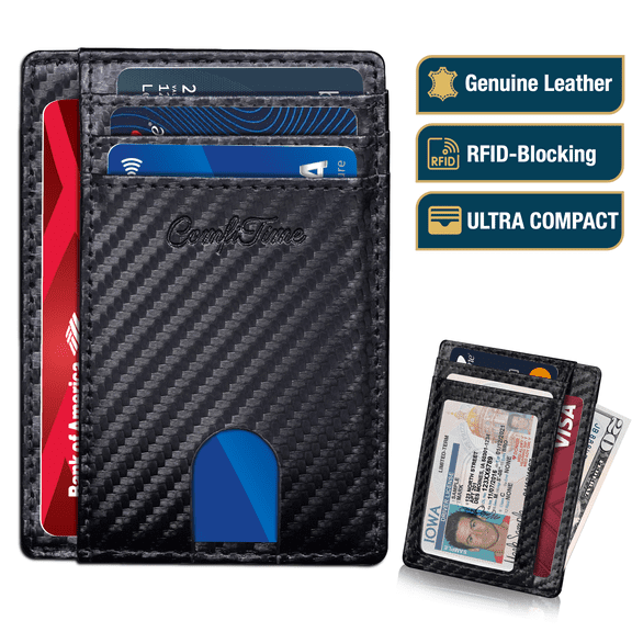 ComfiTime Minimalist Wallet for Men & Women - RFID Slim Men's Wallet , Genuine Leather Front Pocket Card Holder Wallet, Small Thin Travel Wallet w/ ID Window, Credit Card Slots, Money Pocket, Black