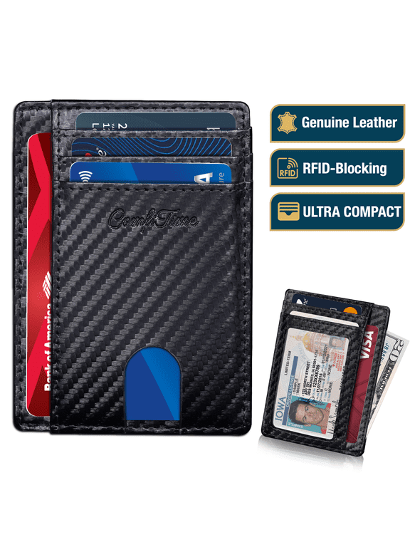 Minimalist Wallet for Men & Women - RFID Slim Men's Wallet , Genuine Leather Front Pocket Card Holder Wallet, Small Thin Travel Wallet w/ ID Window, Credit Card Slots, Money Pocket, Black