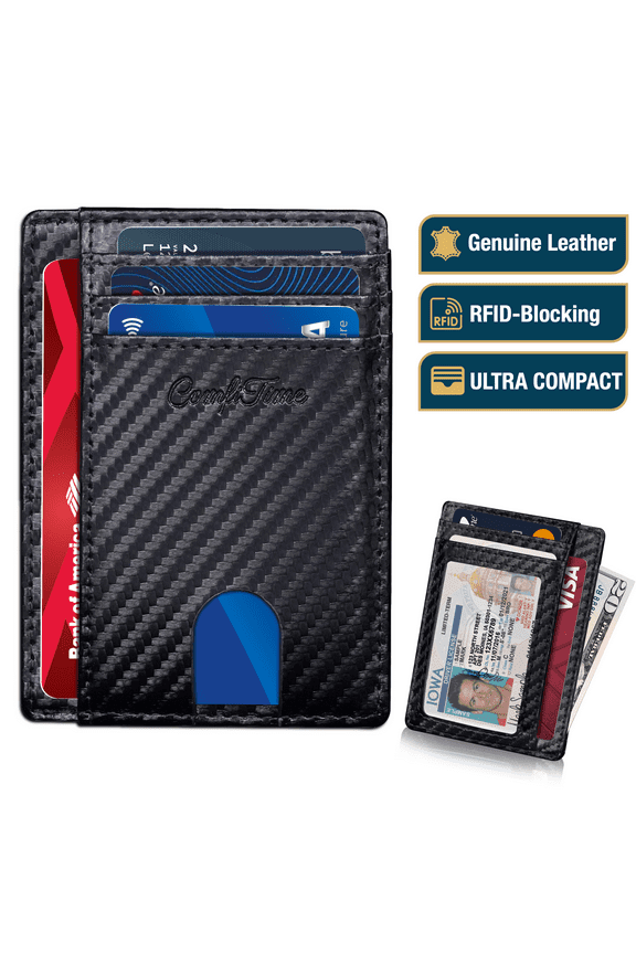 Minimalist Wallet for Men & Women - RFID Slim Men's Wallet , Genuine Leather Front Pocket Card Holder Wallet, Small Thin Travel Wallet w/ ID Window, Credit Card Slots, Money Pocket, Black