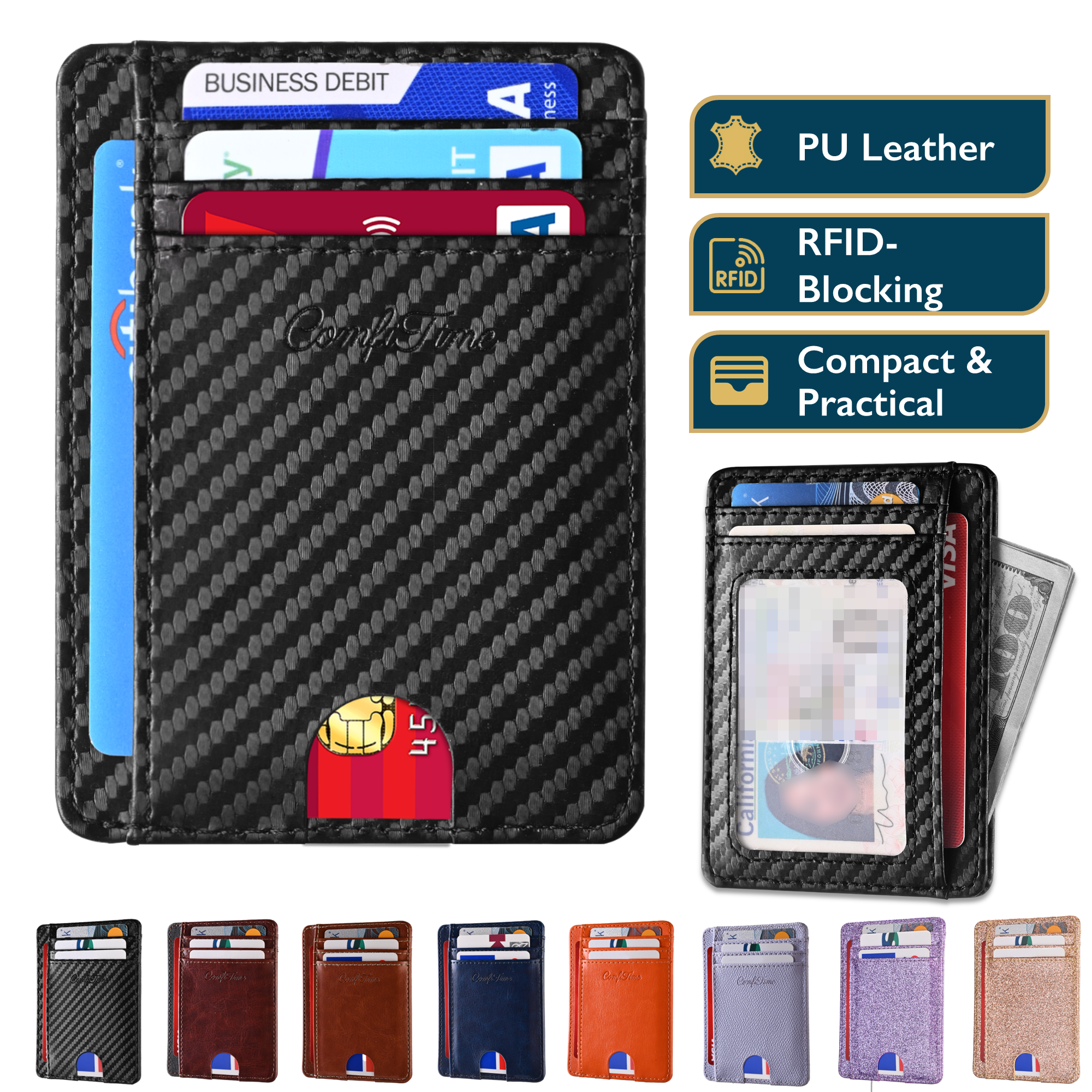 Billetera delgada para hombre - Billetera minimalista RFID para hombre y mujer, billetera pequeña y fina de cuero con ventana para ID, porta tarjetas de crédito para bolsillo frontal, accesorios de viaje y caja de regalo, negro