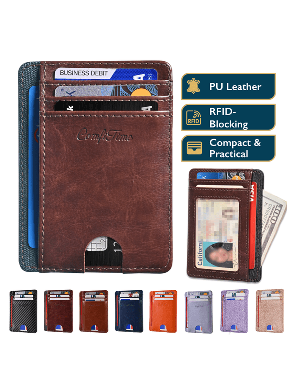 Slim Men’s Wallet - RFID Minimalist Wallet for Men & Women, Small Thin Leather Wallet with ID Window, Credit Card Holder Front Pocket Wallet, Travel Accessories & Gift Box, Brown