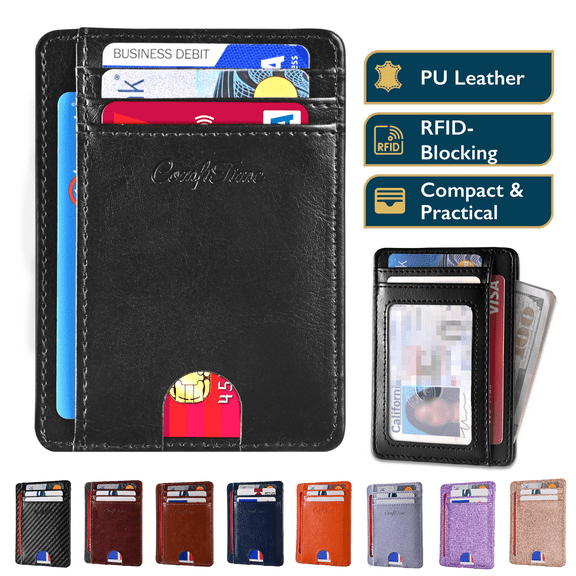ComfiTime Slim Men’s Wallet - RFID Minimalist Wallet for Men & Women, Small Thin Leather Wallet with ID Window, Credit Card Holder Front Pocket Wallet, Travel Accessories & Gift Box, Black