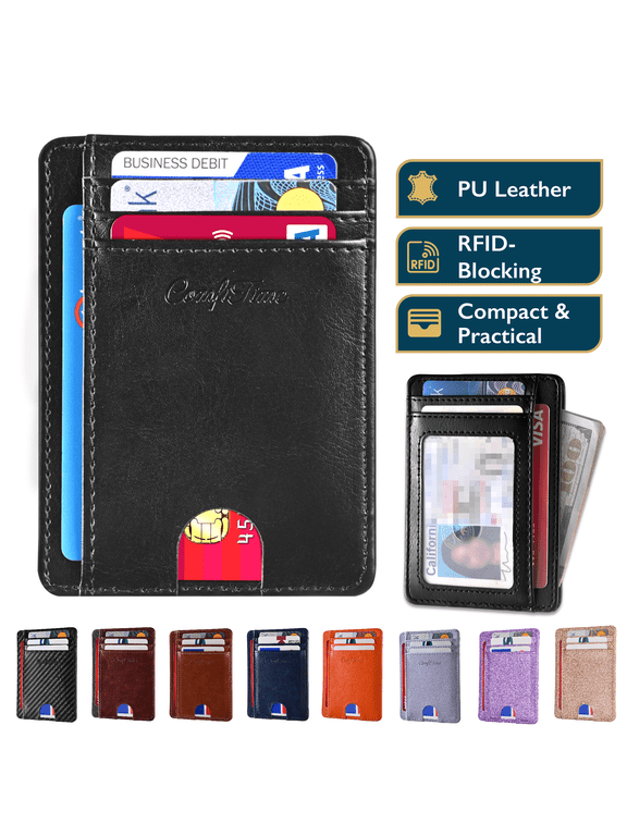 Slim Men’s Wallet - RFID Minimalist Wallet for Men & Women, Small Thin Leather Wallet with ID Window, Credit Card Holder Front Pocket Wallet, Travel Accessories & Gift Box, Black