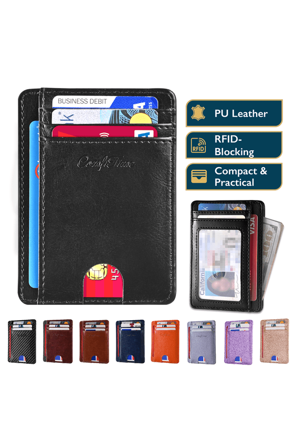 Slim Men’s Wallet - RFID Minimalist Wallet for Men & Women, Small Thin Leather Wallet with ID Window, Credit Card Holder Front Pocket Wallet, Travel Accessories & Gift Box, Black