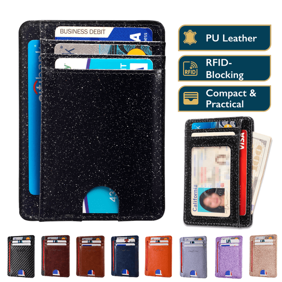 ComfiTime Slim Men’s Wallet - RFID Minimalist Wallet for Men & Women, Small Thin Leather Wallet with ID Window, Credit Card Holder Front Pocket Wallet, Travel Accessories & Gift Box, Glitter Black