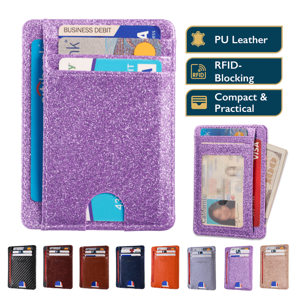 ComfiTime Slim Men’s Wallet - RFID Minimalist Wallet for Men & Women, Small Thin Leather Wallet with ID Window, Credit Card Holder Front Pocket Wallet, Travel Accessories & Gift Box, Glitter Purple