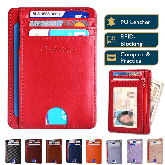 ComfiTime Slim Men’s Wallet - RFID Minimalist Wallet for Men & Women, Small Thin Leather Wallet with ID Window, Credit Card Holder Front Pocket Wallet, Travel Accessories & Gift Box, Heritage Red