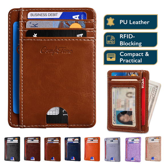 ComfiTime Slim Men’s Wallet - RFID Minimalist Wallet for Men & Women, Small Thin Leather Wallet with ID Window, Credit Card Holder Front Pocket Wallet, Travel Accessories & Gift Box, Brown
