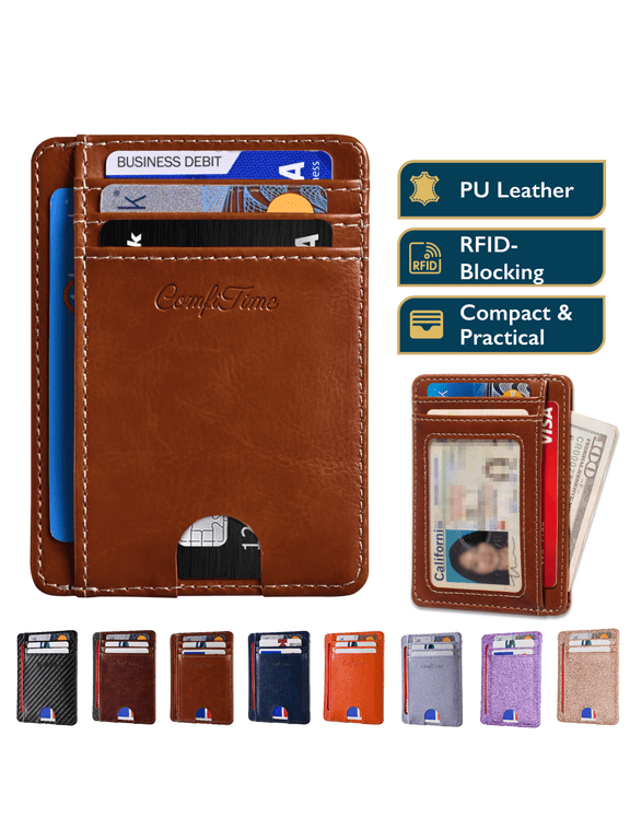 Slim Men’s Wallet - RFID Minimalist Wallet for Men & Women, Small Thin Leather Wallet with ID Window, Credit Card Holder Front Pocket Wallet, Travel Accessories & Gift Box, Brown