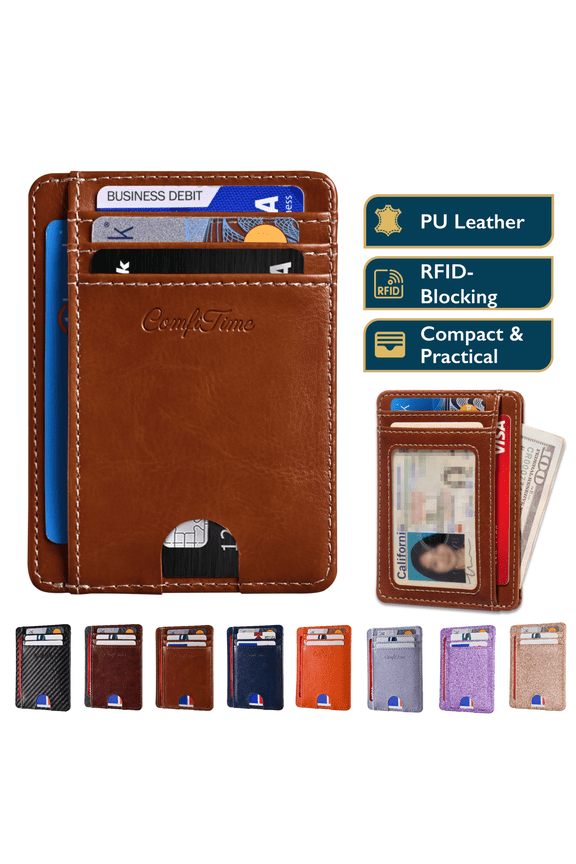 Slim Men’s Wallet - RFID Minimalist Wallet for Men & Women, Small Thin Leather Wallet with ID Window, Credit Card Holder Front Pocket Wallet, Travel Accessories & Gift Box, Brown