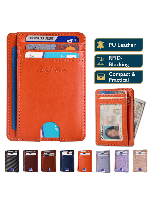 Slim Men’s Wallet - RFID Minimalist Wallet for Men & Women, Small Thin Leather Wallet with ID Window, Credit Card Holder Front Pocket Wallet, Travel Accessories & Gift Box, Rustic Orange