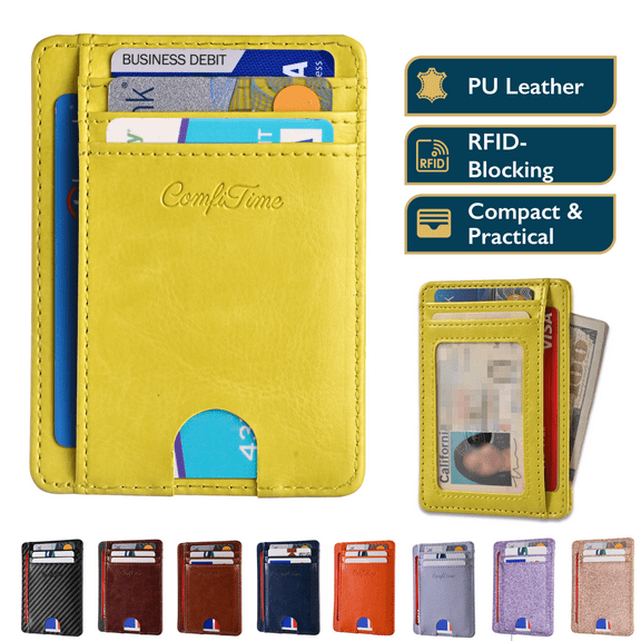 ComfiTime Slim Men’s Wallet - RFID Minimalist Wallet for Men & Women, Small Thin Leather Wallet with ID Window, Credit Card Holder Front Pocket Wallet, Travel Accessories & Gift Box, Citrine Yellow