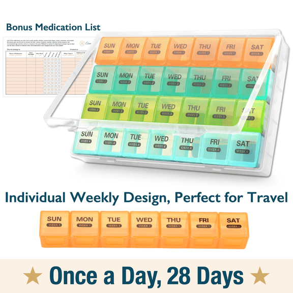 ComfiTime Pill Organizer – 28-Day Large Monthly Pill Case, Once-a-Day (Daily), Includes 4 Weekly Travel Pill Boxes & Containers, Pill Dispenser/Reminder for Medication & Vitamins, Clear/Multicolored