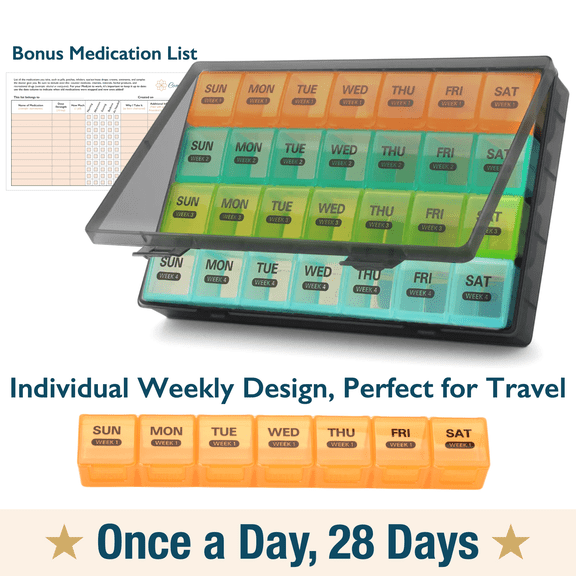 ComfiTime Pill Organizer – 28-Day Large Monthly Pill Case, Once-a-Day (Daily), Includes 4 Weekly Travel Pill Boxes & Containers, Pill Dispenser/Reminder for Medication & Vitamins, Black/Multicolored