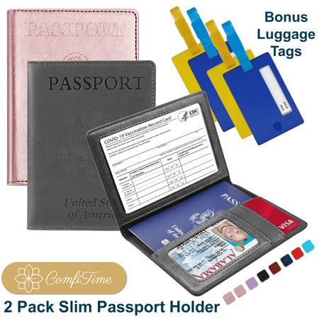 ComfiTime Passport Holder, 2Pack Slim Passport Travel Wallet, 4 Bonus Luggage Tags, Waterproof Passport Cover/Case Protector for Women/Men W/ Vaccine Card Holder&Credit Card Slots,Dark Gray/Rose Gold