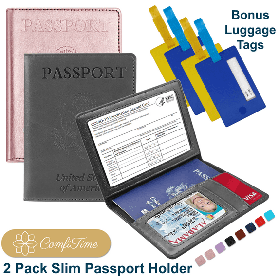 ComfiTime Passport Holder, 2Pack Slim Passport Travel Wallet, 4 Bonus Luggage Tags, Waterproof Passport Cover/Case Protector for Women/Men W/ Vaccine Card Holder&Credit Card Slots,Dark Gray/Rose Gold